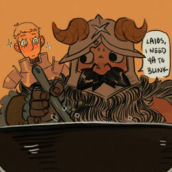 Rule 34 | aprilcider, beard, blush stickers, brown hair, cooking, dungeon meshi, dwarf, english text, eyelashes, facial hair, fake horns, helmet, highres, horned helmet, horns, laios touden, long beard, looking at another, looking back, male focus, mustache, nervous, orange theme, senshi (dungeon meshi), sparkle, staring, thick mustache, upper body, very long beard, wok, yellow eyes