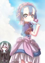 Rule 34 | 1boy, 1girl, apron, black eyes, black hair, blue capelet, blue eyes, blue hair, blush, cape, capelet, child, cloud, day, dress, eating, food, frills, highres, holding, holding food, hunched over, looking at viewer, made in abyss, maid headdress, maruruk, multicolored hair, outdoors, ozen, popsicle, short hair, trap, two-tone hair, whistle, white hair, ximu shilang