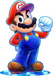Rule 34 | 1boy, artist request, big nose, black eyes, blue outline, blue overalls, brown footwear, brown hair, buttons, cabbie hat, clenched hands, facial hair, full body, gloves, hand on own hip, hand up, hat, highres, long sleeves, looking at viewer, male focus, mario, mario &amp; luigi: dream team, mario &amp; luigi rpg, mario (series), mustache, nintendo, official art, outline, overalls, red hat, red shirt, red sleeves, shirt, shoes, short hair, solo, thick eyebrows, tile floor, tiles, transparent background, very short hair, white gloves