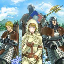Rule 34 | 1girl, 3boys, armor, axe, back, blonde hair, blue eyes, blush, chair, cloud, cross, crossed arms, dark souls (series), dark souls i, day, dress, flower, from software, full armor, gloves, hand on own chest, helmet, holding, hood, looking at viewer, mountain, multiple boys, nico of thorolund, one eye closed, outdoors, petals, petrus of thorolund, polearm, rhea of thorolund, robe, sekumaltuo, shield, short hair, sitting, skirt, sky, smile, tree, vince of thorolund, weapon, wink