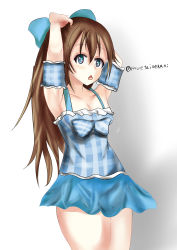 Rule 34 | 1girl, adjusting clothes, adjusting hair, aqua bow, aqua eyes, arm garter, arm ribbon, artist name, artist request, bare legs, bare shoulders, bikini, bikini skirt, blue bow, blue eyes, blush, bow, bracelet, breasts, brown hair, checkered bow, checkered clothes, checkered swimsuit, cleavage, collarbone, cross-laced clothes, cross-laced one-piece swimsuit, dress, dress swimsuit, female focus, frilled swimsuit, frills, hair between eyes, hair bow, half updo, high ponytail, highres, jewelry, long hair, looking at viewer, love live!, love live! nijigasaki high school idol club, love live! school idol festival, one-piece swimsuit, osaka shizuku, parted lips, pearl bracelet, plaid, plaid dress, pleated, pleated dress, ponytail, ribbon, small breasts, smile, solo, swimsuit, white ribbon