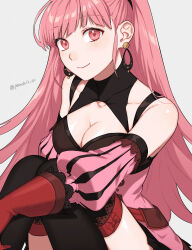 Rule 34 | 1girl, black thighhighs, blunt bangs, breasts, cleavage, collarbone, commentary, detached sleeves, earrings, fire emblem, fire emblem: three houses, grey background, highres, hilda valentine goneril, jewelry, knees up, large breasts, long hair, looking at viewer, nintendo, peach11 01, pink eyes, pink hair, puffy sleeves, simple background, sitting, smile, solo, thighhighs, thighs, very long hair