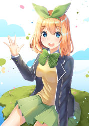 Rule 34 | 1girl, :d, absurdres, blazer, blue eyes, blue jacket, blush, bow, breasts, collared shirt, commentary request, go-toubun no hanayome, grass, green bow, green hairband, green ribbon, green skirt, hair between eyes, hair ribbon, hairband, highres, holmemee, jacket, light brown hair, medium breasts, nakano yotsuba, open clothes, open jacket, open mouth, pleated skirt, ribbon, round teeth, shirt, skirt, smile, solo, sweater vest, teeth, upper teeth only, white shirt