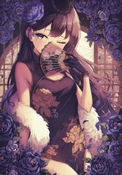 Rule 34 | 1girl, black hair, blue eyes, blush, breasts, china dress, chinese clothes, dress, eyeliner, floral print, flower, hair flower, hair ornament, hand fan, highres, holding, holding fan, long hair, makeup, medium breasts, one eye closed, original, parted lips, ryuinu, see-through, small breasts, solo