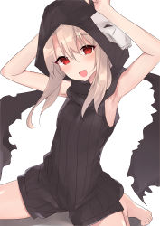 Rule 34 | 1girl, :d, absurdres, armpits, arms up, assassin (fate/zero), assassin (fate/zero) (cosplay), bare arms, bare shoulders, barefoot, black jumpsuit, black scarf, blush, breasts, commentary request, cosplay, fate/kaleid liner prisma illya, fate (series), feet, head tilt, highres, hood, hood up, illyasviel von einzbern, jumpsuit, light brown hair, long hair, looking at viewer, mask, mask on head, natsu (sinker8c), open mouth, red eyes, revision, scarf, shadow, short jumpsuit, sitting, skull mask, sleeveless, sleeveless jumpsuit, small breasts, smile, solo, spread legs, thighs, torn clothes, torn scarf, wariza, white background
