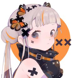 Rule 34 | 1girl, blunt bangs, blush, bug, butterfly, butterfly hair ornament, grey eyes, grey hair, hair ornament, highres, insect, long hair, monarch butterfly, multicolored hair, orange hair, original, pepparmint310, portrait, shadow, solo, streaked hair