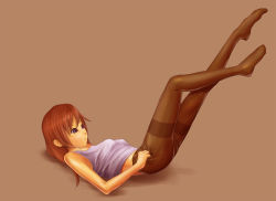 Rule 34 | 1girl, adjusting clothes, adjusting legwear, bad id, bad pixiv id, baqu, baqu (pixiv id 1445796), blue eyes, breasts, brown hair, brown pantyhose, clothes pull, feet, highres, legs, lying, pantyhose, pantyhose pull, short hair, simple background, small breasts, solo, thighband pantyhose
