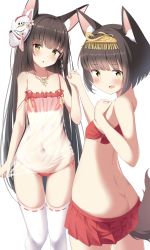 Rule 34 | 2girls, absurdres, animal ears, ass, azur lane, blush, breasts, brown eyes, brown hair, butt crack, camisole, cien (shikanokuni), clothes pull, fox ears, fox girl, fox mask, fox tail, hair ornament, highres, holding hands, jewelry, long hair, looking back, lowleg, lowleg panties, mask, mask on head, miniskirt, multiple girls, mutsu (azur lane), nagato (azur lane), nagato (great fox&#039;s respite) (azur lane), navel, necklace, no panties, open mouth, panties, pleated skirt, red camisole, red panties, red skirt, see-through, short hair, side-tie panties, simple background, skirt, skirt pull, small breasts, stomach, strap slip, tail, thigh gap, thighhighs, thighs, underwear, very long hair, white background, white thighhighs