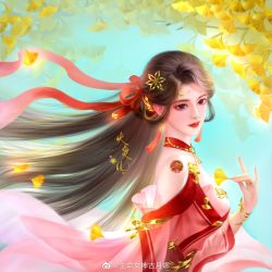 Rule 34 | 1girl, blue sky, brown hair, chinese clothes, collar, facial mark, forehead mark, from side, hair ornament, hair rings, highres, holding, holding leaf, huo linger (wanmei shijie), leaf, long hair, ribbon, shenming nushen gu yuena, sky, wanmei shijie