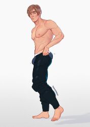 Rule 34 | 1boy, abs, absurdres, ass, bara, blue male underwear, blue pants, bulge, bulge lift, dressing, feet out of frame, from side, full body, highres, i&#039;ve never seen a guy recreate this successfully tbh (meme), large pectorals, leon s. kennedy, light brown hair, looking away, male focus, male underwear, meme, motion lines, muscular, muscular male, navel hair, nipples, open pants, pants, pants lift, pectorals, resident evil, resident evil 4, short hair, solo, standing, stomach, thedamnthinguy, thick eyebrows, topless male, undersized clothes, underwear