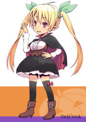 Rule 34 | 1girl, black thighhighs, blonde hair, boots, english text, fang, hand on own hip, jack-o&#039;-lantern, long hair, meow (nekodenki), original, red eyes, solo, standing, thighhighs, twintails, vampire