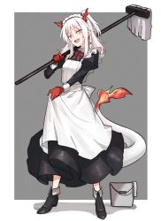 Rule 34 | 1girl, alternate costume, apron, arknights, arm tattoo, black dress, braid, bucket, chinese commentary, colored skin, commentary request, dragon girl, dragon horns, dragon tail, dress, ear piercing, enmaided, fang, flame-tipped tail, full body, grey background, highres, holding, holding mop, horns, lifted by self, long hair, long sleeves, looking at viewer, mabing, maid, maid headdress, mop, multicolored hair, nian (arknights), outside border, over shoulder, piercing, pink eyes, red hair, red skin, simple background, single braid, skin fang, solo, standing, streaked hair, tachi-e, tail, tattoo, white apron, white background, white hair, white headdress