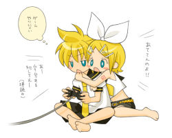Rule 34 | 1boy, 1girl, barefoot, blush stickers, brother and sister, controller, game console, game controller, hiyo (hiyococco), kagamine len, kagamine rin, playing games, playstation 2, short hair, shorts, siblings, translation request, twins, vocaloid