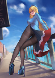 Rule 34 | 1girl, absurdres, artist name, ass, atago (kancolle), beret, black panties, black pantyhose, blonde hair, blue eyes, blue footwear, blue hat, blue sky, breasts, chinese commentary, closed mouth, cloud, cloudy sky, commentary request, covered erect nipples, day, eyelashes, eyeliner, from behind, full body, hair between eyes, hat, high heels, highres, kantai collection, kneepits, large breasts, legs, long hair, looking at viewer, looking back, makeup, military, military uniform, nose, ocean, outdoors, panties, panties under pantyhose, pantyhose, pink lips, railing, shadow, sidelocks, sky, solo, thighband pantyhose, thighs, underwear, uniform, water, watermark, web address, weibo watermark, wind, wind lift, xiumu bianzhou