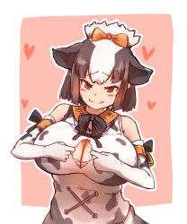 Rule 34 | 1girl, animal ears, animal print, bare shoulders, black hair, bow, bowtie, breasts, brown eyes, center opening, cleavage, closed mouth, cow ears, cow girl, cow print, denka (denka ilst), elbow gloves, extra ears, furrowed brow, gloves, hair bow, highres, holstein friesian cattle (kemono friends), huge breasts, kemono friends, looking at viewer, medium hair, multicolored hair, paizuri invitation, print gloves, print shirt, red background, seductive smile, shirt, sidelocks, simple background, sleeveless, sleeveless shirt, smile, solo, split mouth, torn clothes, torn shirt, two-tone hair, upper body, white hair