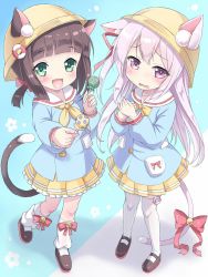 Rule 34 | 2girls, animal ears, azur lane, bell, blouse, blue background, blue shirt, blunt bangs, brown hair, candy, cat ears, cat girl, cat tail, child, ears through headwear, food, full body, green eyes, hands on own chest, hat, highres, jingle bell, kimagure blue, kindergarten uniform, kisaragi (azur lane), kneehighs, lollipop, long hair, loose socks, mary janes, multiple girls, mutsuki (azur lane), one side up, open mouth, outstretched arm, own hands together, pink eyes, pink hair, reaching, reaching towards viewer, religious offering, ribbon, shirt, shoes, short hair, side ponytail, simple background, skirt, smile, socks, standing, standing on one leg, tail, thighhighs, twintails, white legwear, yellow hat, yellow skirt