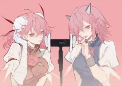 2girls asmr bandaged_arm bandages binaural_microphone blue_tabard breasts brown_tabard bun_cover commentary_request cone_horns double_bun fingernails flower grey_horns hair_between_eyes hair_bun highres horns ibaraki_douji&#039;s_arm ibaraki_kasen joker_(stjoker) large_breasts long_bangs looking_at_viewer medium_breasts medium_hair microphone multiple_girls open_mouth pink_background pink_eyes pink_flower pink_hair pink_nails pink_rose rose shirt short_sleeves simple_background slit_pupils tabard touhou upper_body white_shirt