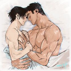 Rule 34 | 2boys, bara, bed, black hair, blush, closed mouth, couple, jewelry, kashikahaya, large pectorals, looking at another, lying, male focus, multiple boys, muscular, muscular male, on bed, on side, original, pectorals, ring, short hair, smile, upper body, yaoi