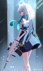 Rule 34 | 1girl, absurdres, animal ears, artist name, assault rifle, bag, black jacket, blue archive, blue eyes, cat ears, closed mouth, cowboy shot, cross, from side, gloves, grey hair, gun, hair ornament, halo, highres, holding, holding gun, holding weapon, jacket, long sleeves, looking at viewer, looking to the side, medium hair, messy hair, off shoulder, rifle, scarf, seafer06, shiroko (blue archive), shirt, sidelocks, sig sauer, sig sauer 556, sleeves past wrists, solo, standing, thighs, weapon, white shirt, yellow gloves