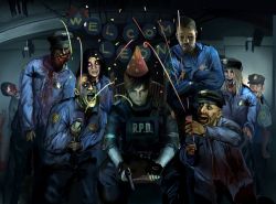 Rule 34 | 2girls, 6+boys, blood, celebration, chair, commentary request, doitsuken, happy, hat, indoors, leon s. kennedy, multiple boys, multiple girls, open mouth, party hat, police, police uniform, policeman, policewoman, resident evil, resident evil 2, resident evil 2 (remake), sitting, smile, unamused, uniform, zombie