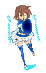 Rule 34 | 00s, 1girl, 2010 fifa world cup, blowing, brown hair, clothes writing, highres, horn (instrument), japan, kusakabe misao, legs, lucky star, one eye closed, short hair, skirt, soccer uniform, solo, sportswear, thighhighs, translated, va (phrase), vuvuzela, wide hips, wink, world cup, yellow eyes, zukaketawagase