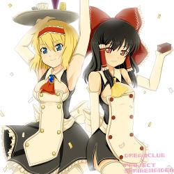 Rule 34 | 2girls, alice margatroid, arms up, ascot, black hair, blonde hair, blue eyes, bow, brooch, brown eyes, cocktail, cosplay, dream c club, dream c club (series), female focus, gem, hair bow, hairband, hakurei reimu, holding, jewelry, looking at viewer, multiple girls, nao (dream c club), nao (dream c club) (cosplay), nitoro-star, red bow, sidelocks, simple background, touhou, tray, upper body, white background