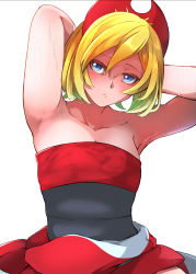 Rule 34 | 1girl, amazora cakel, armpits, arms behind head, arms up, blonde hair, blue eyes, breasts, cleavage, collarbone, creatures (company), dress, game freak, hair ornament, highres, irida (pokemon), looking at viewer, nintendo, pokemon, pokemon legends: arceus, presenting armpit, red dress, sash, short hair, sidelocks, simple background, strapless, strapless dress, sweat, white background