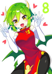 Rule 34 | 1girl, absurdres, black pants, blush, breasts, china dress, chinese clothes, draco centauros, dragon girl, dragon horns, dragon tail, dragon wings, dress, elbow gloves, fang, gloves, green hair, heart, highres, horns, looking at viewer, medium breasts, offbeat, open mouth, pants, pointy ears, puyopuyo, red dress, short hair, simple background, sleeveless, sleeveless dress, smile, solo, tail, white background, white gloves, wings