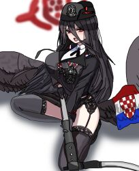 Rule 34 | 1girl, black hair, black thighhighs, black wings, blue archive, breasts, croatia, feathered wings, gun, halo, hasumi (blue archive), highres, holding, holding gun, holding weapon, keibu sensei (sbk), large breasts, large wings, long hair, looking at viewer, low wings, military, military uniform, red eyes, red halo, serbo-croatian commentary, simple background, sitting, solo, thighhighs, uniform, ustasha, very long hair, weapon, white background, wings