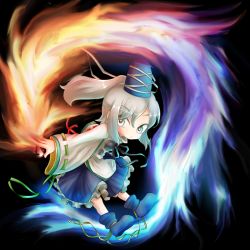 Rule 34 | 1girl, between fingers, black background, boots, chibi, eyebrows, female focus, fire, frown, full body, grey eyes, hat, high collar, hijiri (xxhizirixx), holding, japanese clothes, long sleeves, looking at viewer, mononobe no futo, ofuda, ofuda between fingers, open hand, outstretched arms, pom pom (clothes), ponytail, ribbon, short hair, silver hair, simple background, solo, tate eboshi, touhou, wide sleeves