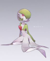 Rule 34 | character name, colored skin, commentary request, creatures (company), ebichi (mon600n), flipped hair, full body, game freak, gardevoir, gen 3 pokemon, green hair, grey background, grey skin, hair between eyes, highres, nintendo, parted lips, pink eyes, pokemon, pokemon (creature), solo