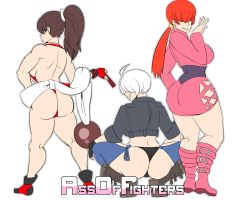 Rule 34 | 3girls, angel (kof), ass, ass focus, backboob, black jacket, black panties, boots, breasts, brown hair, cowboy boots, earrings, female focus, folding fan, full body, hair over eyes, hand fan, highres, holding, holding fan, jacket, jewelry, large breasts, long hair, meme, mexico, multiple girls, ninja, panties, pink footwear, ponytail, red eyes, red panties, revealing clothes, shermie (kof), shiranui mai, short hair, simoncrips, squatting, standing, the king of fighters, thong, underwear, white hair