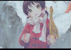 Rule 34 | 1girl, backpack, bag, black hair, bow, coat, commentary request, flag, hair bobbles, hair ornament, head tilt, highres, holding, holding flag, holding strap, kaai yuki, kananishi, letterboxed, light blush, long sleeves, looking at viewer, low twintails, mittens, open mouth, outdoors, red coat, rubble, scarf, scarf bow, smile, snow, snowing, solo, straight-on, twintails, upper body, vocaloid, white mittens, white scarf, winter clothes, winter coat, yellow eyes