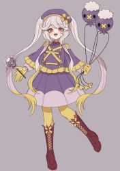 Rule 34 | 1girl, :d, bad id, bad pixiv id, balloon, blonde hair, blush, brown eyes, candy, creatures (company), cross-laced footwear, drifblim, drifloon, epaulettes, evolutionary line, female focus, food, full body, game freak, gen 4 pokemon, gloves, hat, highres, holding, holding balloon, long hair, multicolored hair, nintendo, open mouth, pantyhose, personification, pokemon, purple background, purple hat, purple skirt, quad tails, red footwear, shikkoku neko, skirt, smile, solo, standing, standing on one leg, two-tone hair, very long hair, white hair, yellow gloves, yellow pantyhose