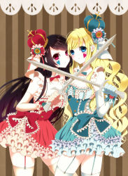 Rule 34 | 2girls, absurdres, black hair, blonde hair, blue dress, blue eyes, bow, bowtie, breasts, cheek-to-cheek, cleavage, crown, curly hair, detached collar, dress, elbow gloves, facial mark, female focus, garter belt, garter straps, gloves, heads together, heart, highres, holding, large breasts, long hair, looking at viewer, multiple girls, original, pink eyes, red dress, ribbon, sona (sona 310621), striped, striped background, sword, thighhighs, very long hair, weapon
