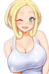 Rule 34 | 1girl, ;d, alternate breast size, bare arms, blonde hair, blush, breasts, cleavage, commentary request, covered erect nipples, creatures (company), eyelashes, game freak, green eyes, highres, large breasts, nintendo, one eye closed, open mouth, pokemon, pokemon xy, shirt, simple background, sleeveless, sleeveless shirt, smile, solo, tank top, todoshiroh, upper body, viola (pokemon), white background, white shirt