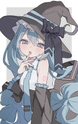 1girl :o absurdres aqua_eyes aqua_hair aqua_nails aqua_necktie black_hat black_ribbon black_sleeves blush bow bow-shaped_hair buckle commentary detached_sleeves dress finger_to_mouth frilled_hat frilled_sleeves frills hair_between_eyes hair_ornament hakudaku hand_up hat hat_bow hat_ribbon hatsune_miku highres long_hair looking_at_viewer necktie number_tattoo ribbon simple_background solo tattoo teeth twintails two-tone_dress upper_teeth_only very_long_hair vocaloid witch_hat