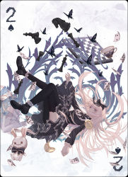 Rule 34 | 1girl, bad id, bad pixiv id, black bow, black dress, black footwear, black neckwear, black thighhighs, blonde hair, blue eyes, bow, bug, butterfly, card, chess piece, chessboard, collared dress, cup, dress, frills, highres, insect, loafers, lolita fashion, long hair, merry hearm, midair, original, pawn (chess), playing card, rabbit, shoes, spade (shape), teacup, thighhighs