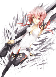Rule 34 | 10s, 1girl, bare shoulders, black thighhighs, breasts, cleavage, detached sleeves, gloves, guilty crown, hair ornament, hairclip, highres, long hair, looking at viewer, pink hair, red eyes, solo, thighhighs, twintails, void (guilty crown), yoma, yuzuriha inori
