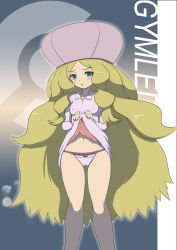 Rule 34 | 10s, 1girl, blonde hair, blush, breasts, caitlin (pokemon), cameltoe, cleft of venus, clothes lift, covered erect nipples, creatures (company), dress, dress lift, elite four, flat chest, game freak, green eyes, hat, highres, long hair, makoto daikichi, nintendo, open mouth, panties, pink panties, pokemon, pokemon bw, solo, underwear, very long hair