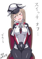 Rule 34 | 1girl, black gloves, black pantyhose, blonde hair, blush stickers, breasts, capelet, chair, commentary request, cross, drooling, closed eyes, gloves, graf zeppelin (kancolle), hat, head tilt, highres, iron cross, jacket, kantai collection, large breasts, long hair, military, military hat, military uniform, pantyhose, peaked cap, sidelocks, simple background, sitting, solo, t2r, translation request, twintails, uniform, v arms, white background