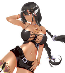 Rule 34 | 1girl, arm behind head, armpits, azur lane, bare shoulders, belt, black hair, black shorts, blush, bracelet, braid, breasts, brown eyes, cleavage, commentary request, crop top, cross-laced clothes, cross-laced top, dark-skinned female, dark skin, dutch angle, feather hair ornament, feathers, hair between eyes, hair ornament, hand on own hip, highres, jewelry, large breasts, legs, long hair, looking at viewer, native american, navel, necklace, short shorts, shorts, solo, south dakota (azur lane), zubi (skylinezb)