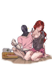 Rule 34 | 1boy, 1girl, absurdres, amputee, barefoot, blush, bra, bra strap, collarbone, cotton ball, elden ring, highres, illip, indoors, long hair, malenia blade of miquella, mechanical arms, off-shoulder shirt, off shoulder, on floor, prosthesis, prosthetic arm, red hair, scar, scissors, seiza, shirt, shorts, single mechanical arm, sitting, sweatdrop, t-shirt, tarnished (elden ring), tweezers, underwear, white background