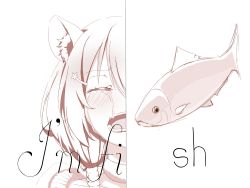 Rule 34 | 1girl, animal ear fluff, animal ears, ayunda risu, collarbone, commentary, crying, english commentary, closed eyes, fish, fur choker, highres, hololive, hololive indonesia, meme, monochrome, open mouth, senkae /reikyuu, split screen, squirrel ears, virtual youtuber, white background