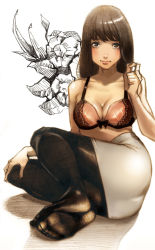 Rule 34 | 1girl, absurdres, bad id, bad pixiv id, black hair, bra, breasts, brown eyes, cleavage, feet, feet together, flower, foot focus, full body, highres, lips, looking at viewer, no shoes, original, pantyhose, pencil skirt, skirt, soles, solo, toes, underwear, yomu (sgt epper)
