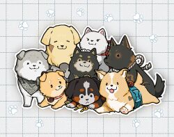 Rule 34 | akita inu, bernese mountain dog, daikaku (fate), dog, dousetsu (fate), fate/grand order, fate (series), genpachi (fate), golden retriever, grey background, grid background, honi (ohohoni), husky, kai ken, keno (fate), kobungo (fate), labrador retriever, multiple dogs, paw print, samoyed (dog), shiba inu, shinbei (dog) (fate), shino (fate), sousuke (fate), tongue, tongue out, too many, too many dogs, welsh corgi
