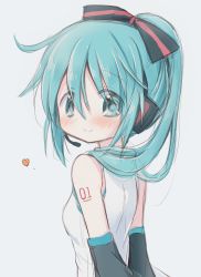Rule 34 | 1girl, absurdres, alternate hair ornament, alternate hairstyle, arms behind back, bare shoulders, black ribbon, blue eyes, blue hair, blush, breasts, closed mouth, detached sleeves, dot nose, eyes visible through hair, facing viewer, grey background, hair over shoulder, hair ribbon, happy, hatsune miku, headset, heart, high ponytail, highres, hitode, looking away, looking down, microphone, number tattoo, ponytail, ribbon, shirt, shoulder tattoo, shy, sidelocks, simple background, sleeveless, sleeveless shirt, small breasts, smile, solo, striped ribbon, tareme, tattoo, upper body, vocaloid, white shirt
