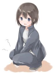 Rule 34 | 1girl, bad id, bad twitter id, blue eyes, blush, brown hair, collarbone, full body, jacket, looking at viewer, murakami meishi, open clothes, open jacket, open mouth, original, own hands together, pants, shirt, shoes, short hair, simple background, solo, squatting, squiggle, track jacket, track pants, v arms, white background, white shirt