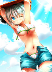 Rule 34 | 1girl, armpits, arms behind head, arms up, beach, bikini, bikini under clothes, blue eyes, blush, breasts, cloud, day, hair ribbon, hairband, hitodama, konpaku youmu, konpaku youmu (ghost), medium breasts, nagare, one eye closed, open fly, outdoors, ribbon, short hair, shorts, silver hair, sky, solo, sunlight, swimsuit, swimsuit under clothes, touhou, undressing, unzipped, water, wink