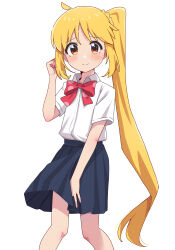 Rule 34 | 1girl, absurdres, ao (flowerclasse), blonde hair, blue skirt, blush, bocchi the rock!, bow, braid, closed mouth, collared shirt, commentary request, dress shirt, feet out of frame, hand up, highres, ijichi nijika, long hair, pleated skirt, red bow, red eyes, school uniform, shirt, short sleeves, side ponytail, simple background, skirt, smile, solo, standing, very long hair, white background, white shirt